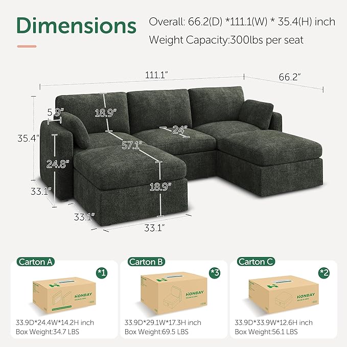 HONBAY Modular Sectional Sofa with Storage Seats - Green Chenille