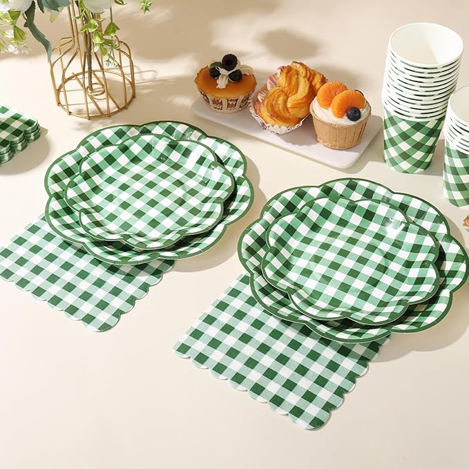 175 Pcs Green Gingham Plates and Napkins Party Supplies -  Serve 25 Guests