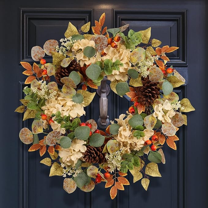 22" Fall Hydrangea Wreath with Eucalyptus, Pinecones &amp; Orange Berries