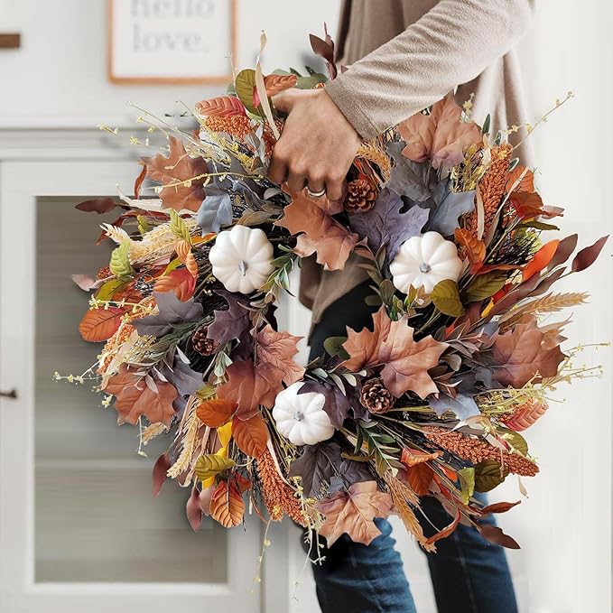 24 Inch Fall Wreath with White Pumpkins,Grains, and Maple Leaves