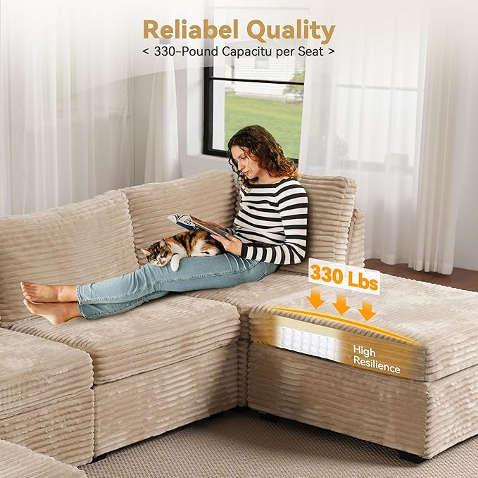 8-Seater Comfy Cloud Modular with One Movable Ottoman in Beige Corduroy
