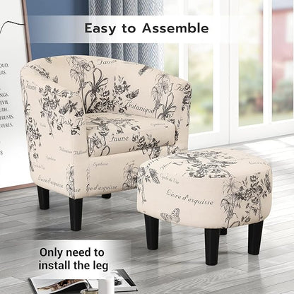INZOY Modern Club Chair with Ottoman in Atique Cream/Black Floral