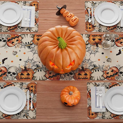 Halloween Table Runner - Skeleton Ghost Pumpkin - 13x108 Inch