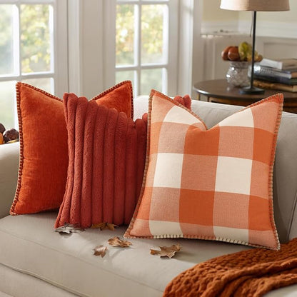 Fall Buffalo Plaid Pillow Covers - 12x20 - Set of 2, Orange