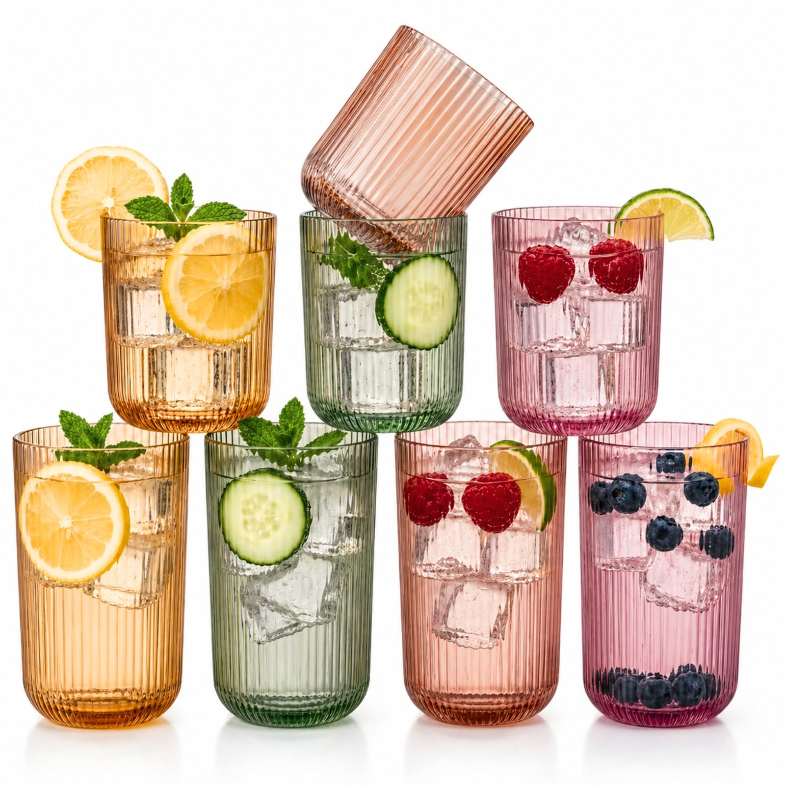 Set of 8 Ribbed Glasses - 4 Highball Glasses &amp; 4 Lowball