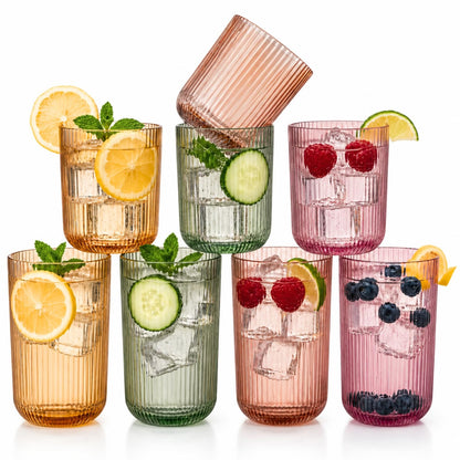 Set of 8 Ribbed Glasses - 4 Highball Glasses &amp; 4 Lowball