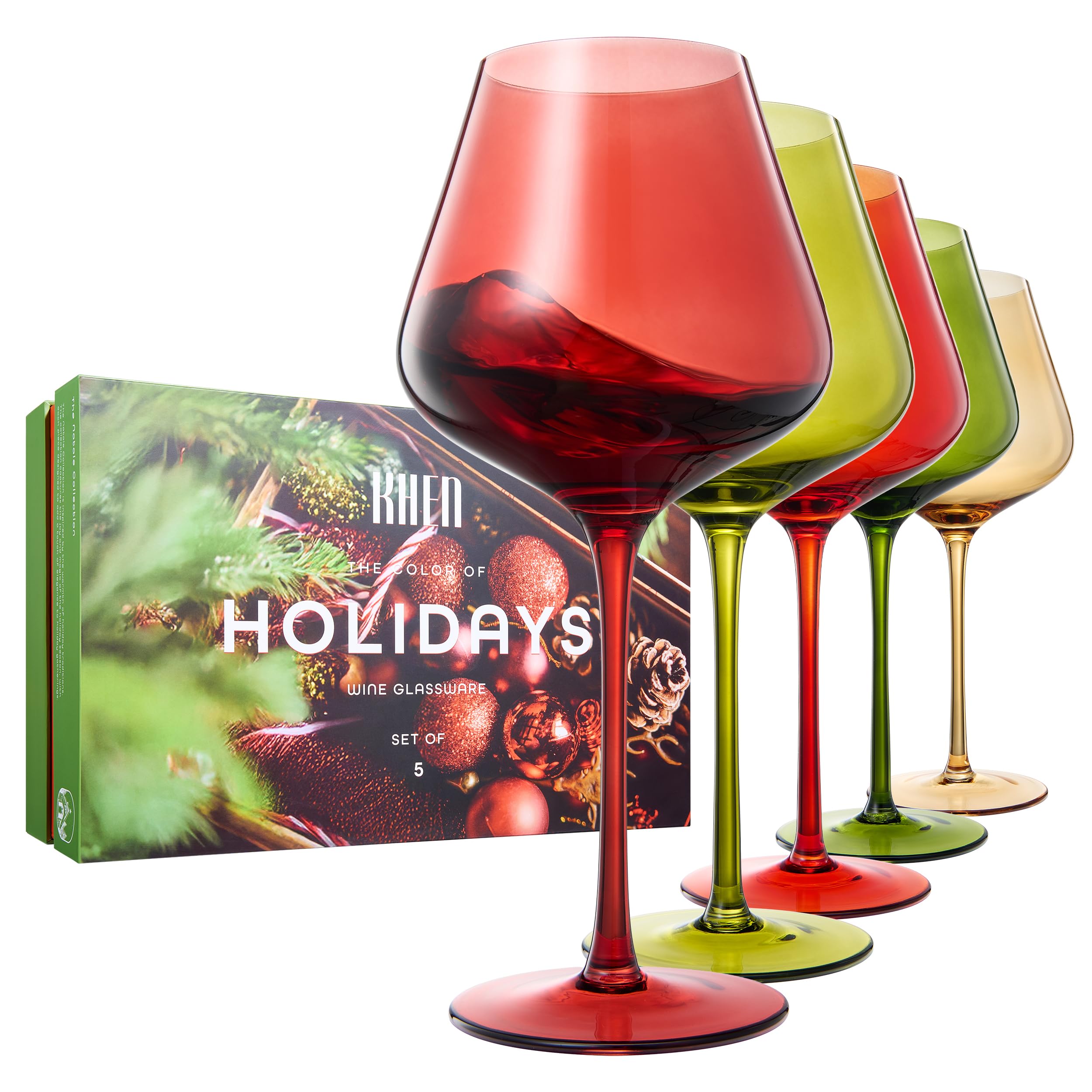 Christmas Holiday Wine Glasses - Set of 5 20oz Goblets