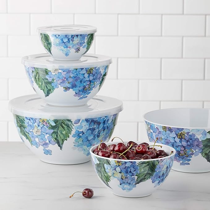 Blue Hydrangea Floral Melamine Nesting Bowls w/ Lids - 10 Pc Set