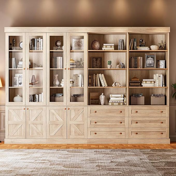 Farmhouse Bookcases with Glass Doors and Drawers, 2 Styles, Set of 4 – 2 of Each, Natural