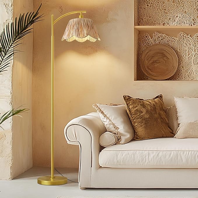Boho Floor Lamp with Handwoven Rattan Shade - Gold