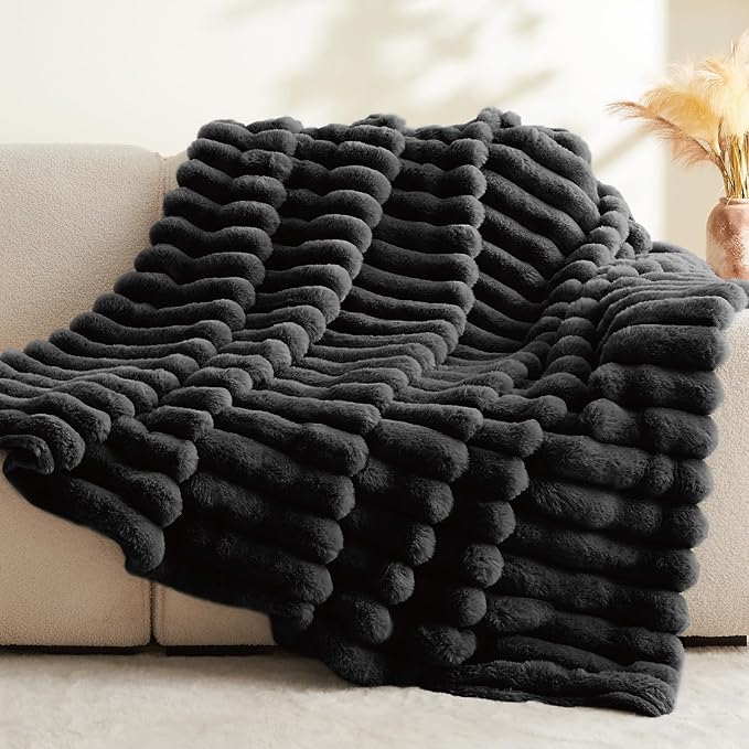 Thick Warm Plush Fuzzy Faux Rabbit Fur Blanket - Black, 50 x 60 inch