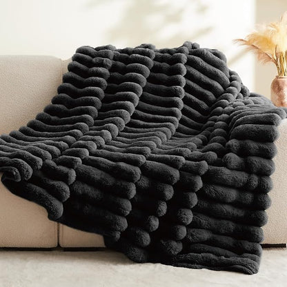 Thick Warm Plush Fuzzy Faux Rabbit Fur Blanket - Black, 50 x 60 inch