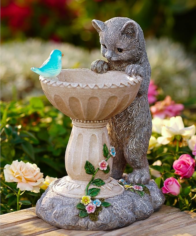Solar Cat Birdbath Garden Decor