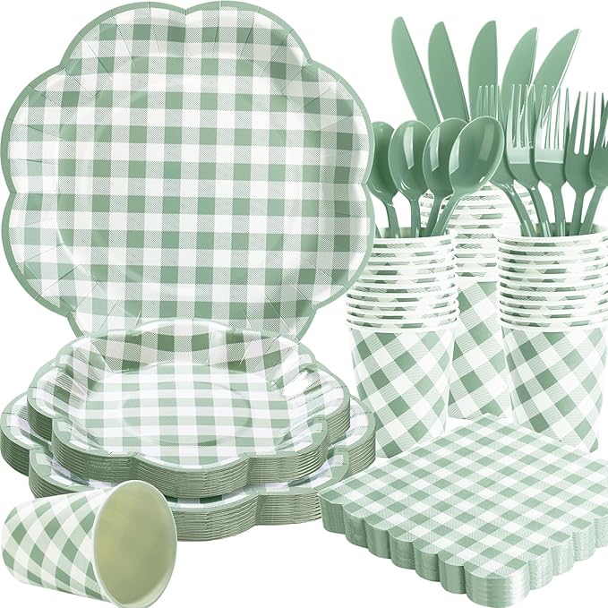 175 Pcs Sage Green Gingham Party Supplies - Serve 25 Guests