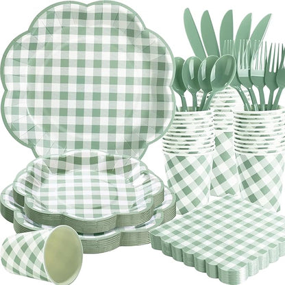 175 Pcs Sage Green Gingham Party Supplies - Serve 25 Guests