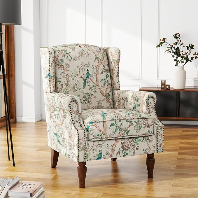Retro Printed Wingback Arm Chair - Bird Pattern