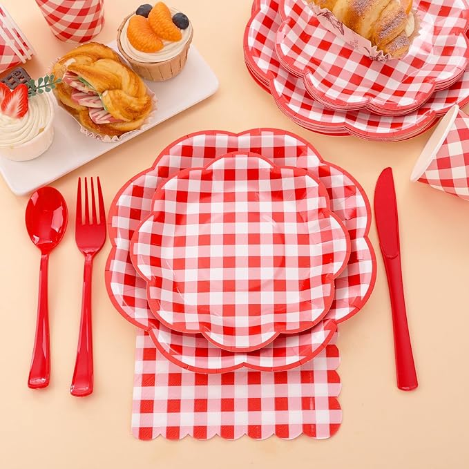 175 Pcs Red Gingham Plates and Napkins Party Supplies - Serve 25 Guests