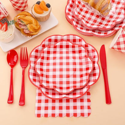 350 Pcs Red Gingham Plates and Napkins Party Supplies