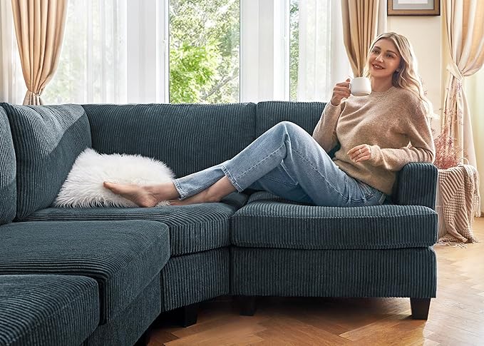Nolany Sectional Sofa with Storage Ottoman in Blue Corduroy