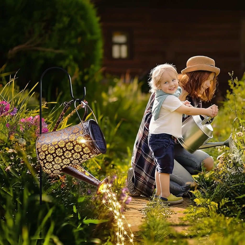 2 Pack Solar Watering Can with Lights - Bronze Floral Design