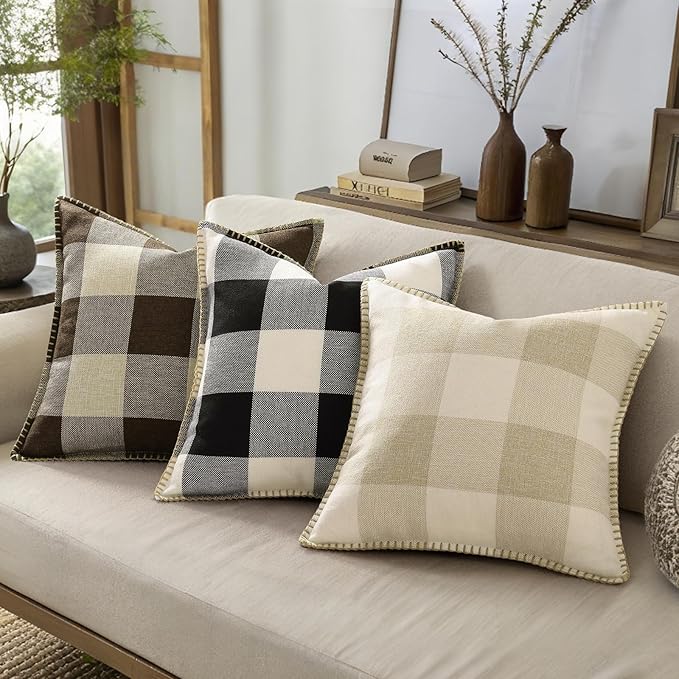 Set of 2 Buffalo Plaid Check Throw Pillow Covers -  22x22, Brown