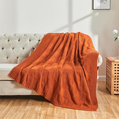 Rust/Orange Checkered Knit Throw Blanket - 50 X 60 inch