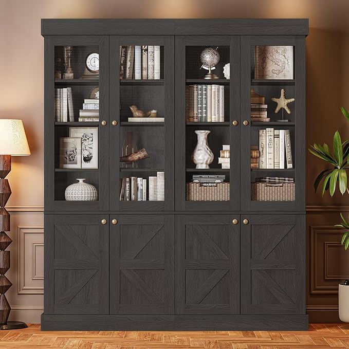 Tall Farmhouse Bookcase with Glass Doors, Set of 4 – Black