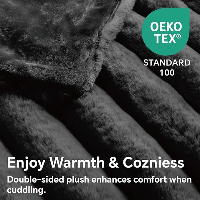 Thick Warm Plush Fuzzy Faux Rabbit Fur Blanket - Black, 50 x 60 inch