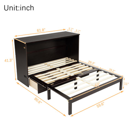 Queen Size Murphy Bed, Pine Wood with Power Station and Rattan Decoration Panel - Espresso