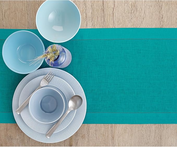 100% Pure Linen Hemstitch Table Runner 14 x 72 Inch - Teal