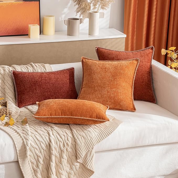 2 Pc Stitched Edge Soft Chenille Pillow Covers - 20 x 20 inch, Burnt Orange