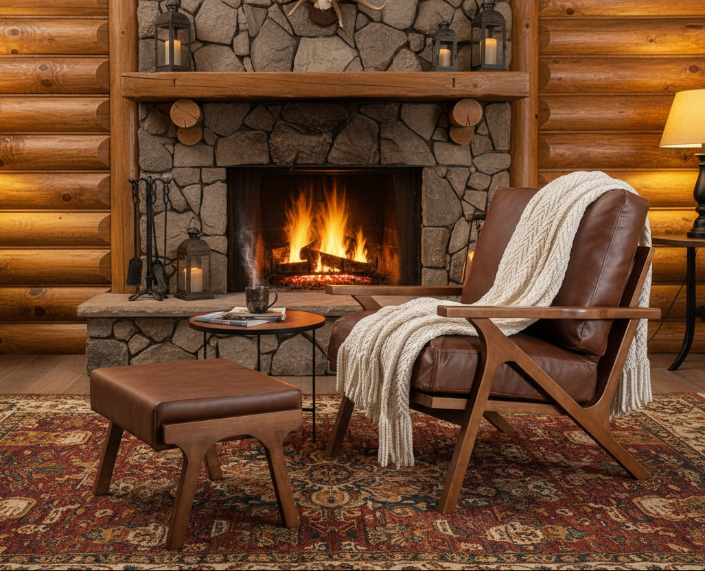 Mid-Century Modern Accent Chair and Ottoman Set in Faux Leather
