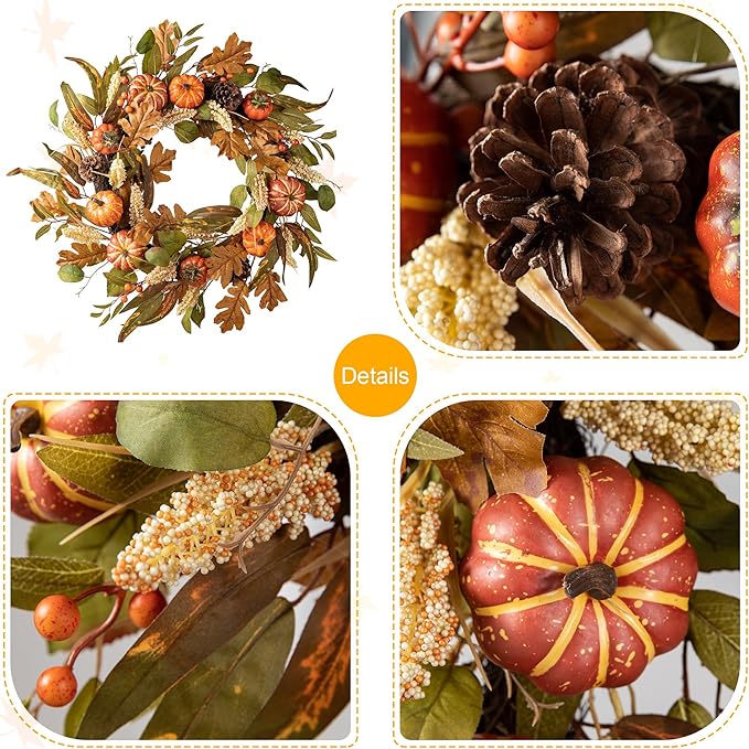 24 inch Fall Wreath with Orange Pumpkins, Natural Pinecones and Green/Brown Leaves