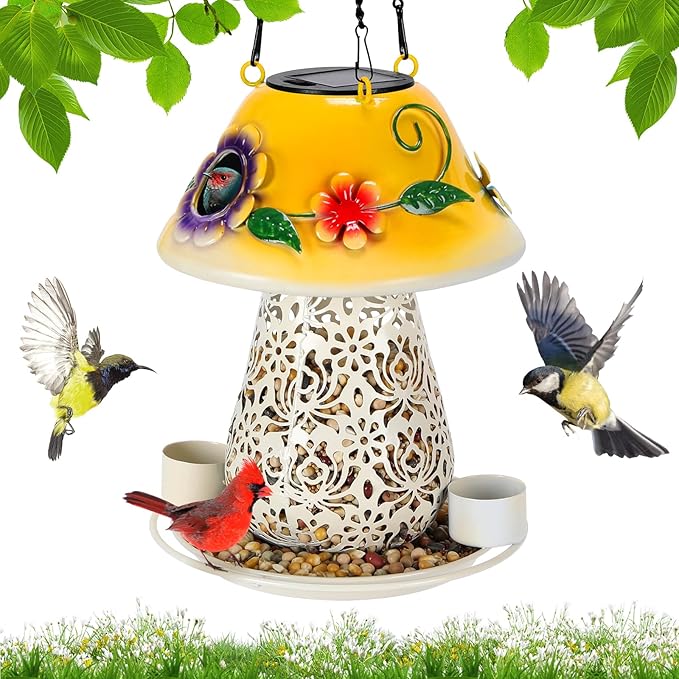 Mushroom Solar Hanging Metal Wild Bird Feeder