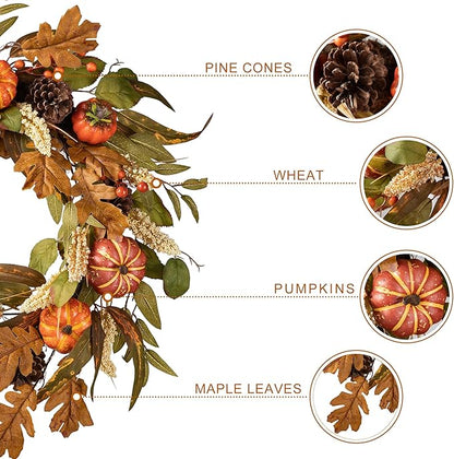 24 inch Fall Wreath with Orange Pumpkins, Natural Pinecones and Green/Brown Leaves