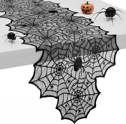 72 Inch Black Lace Spider Web Table Runner for Halloween