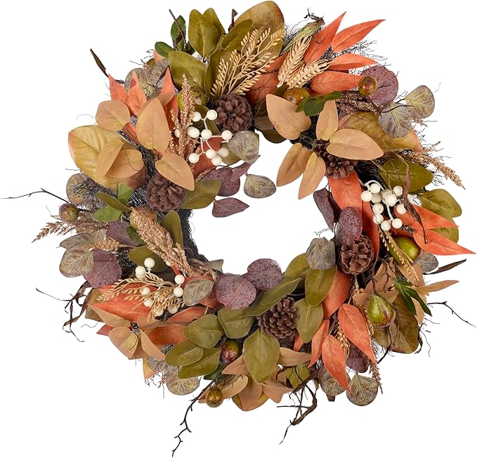 24" Fall Wreath - Handmade with Autumn Leaves, Pinecones, Berries and Wheat