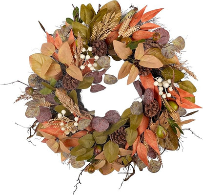 24" Fall Wreath - Handmade with Autumn Leaves, Pinecones, Berries and Wheat