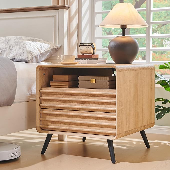 Set of 2 Mid Century Modern Fluted Nightstands in Natural Oak