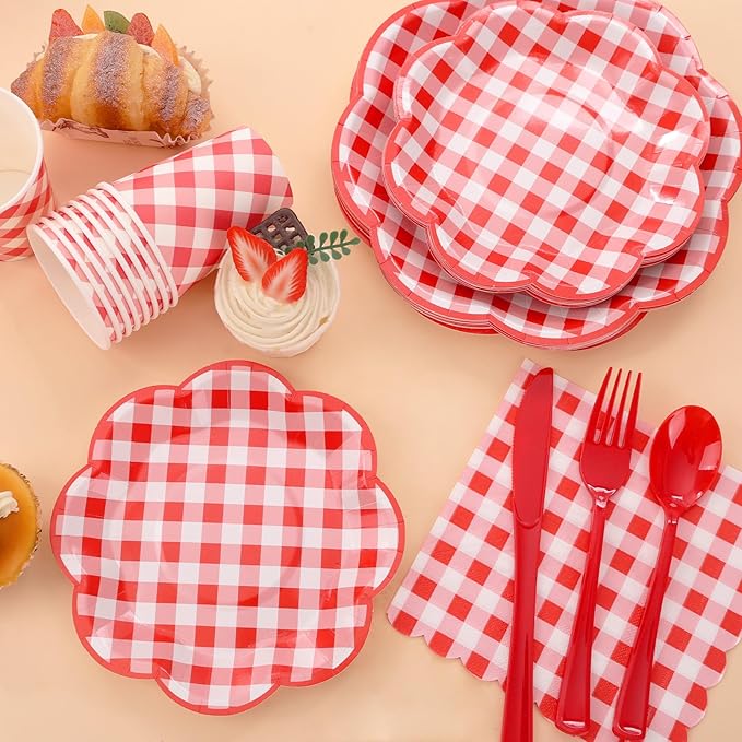 175 Pcs Red Gingham Plates and Napkins Party Supplies - Serve 25 Guests