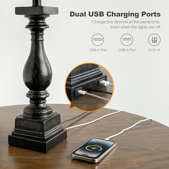Set of 2 Traditional Farmhouse Table Lamps with USB A + C Charging Ports - Black