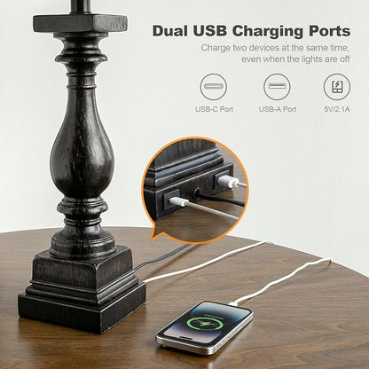 Set of 2 Traditional Farmhouse Table Lamps with USB A + C Charging Ports - Black