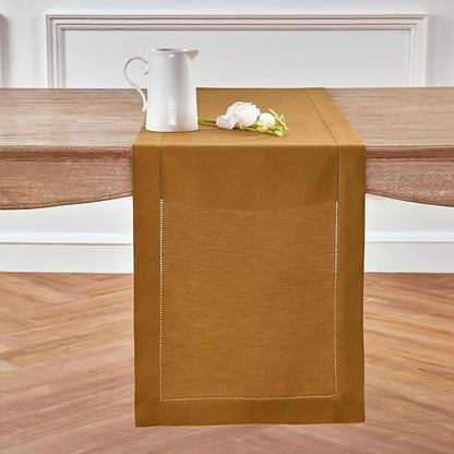 100% Pure Linen Hemstitch Table Runner in Brown Sugar - 14 x 36 Inch