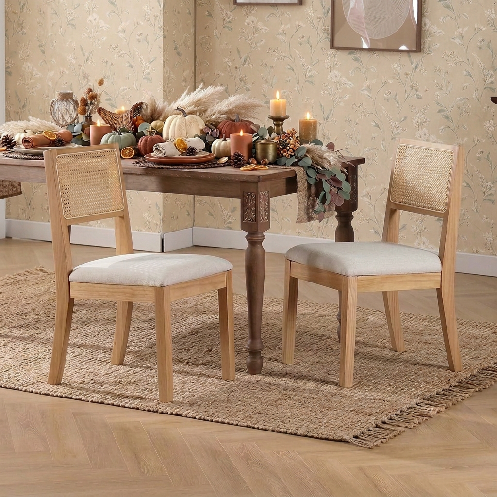 Natural Rattan Dining Chairs - Set of 2, Farmhouse Natural Dining Room Chairs with Upholstered Cushion, Wood Armless Chairs for Kitchen/Restaurant