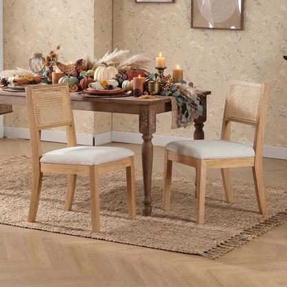 Natural Rattan Dining Chairs - Set of 2, Farmhouse Natural Dining Room Chairs with Upholstered Cushion, Wood Armless Chairs for Kitchen/Restaurant