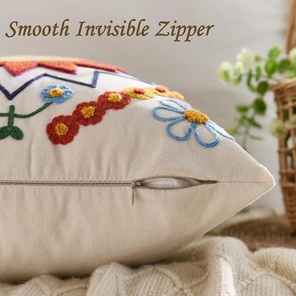 Red Floral Boho Embroidered Throw Pillow Cover - 18x18