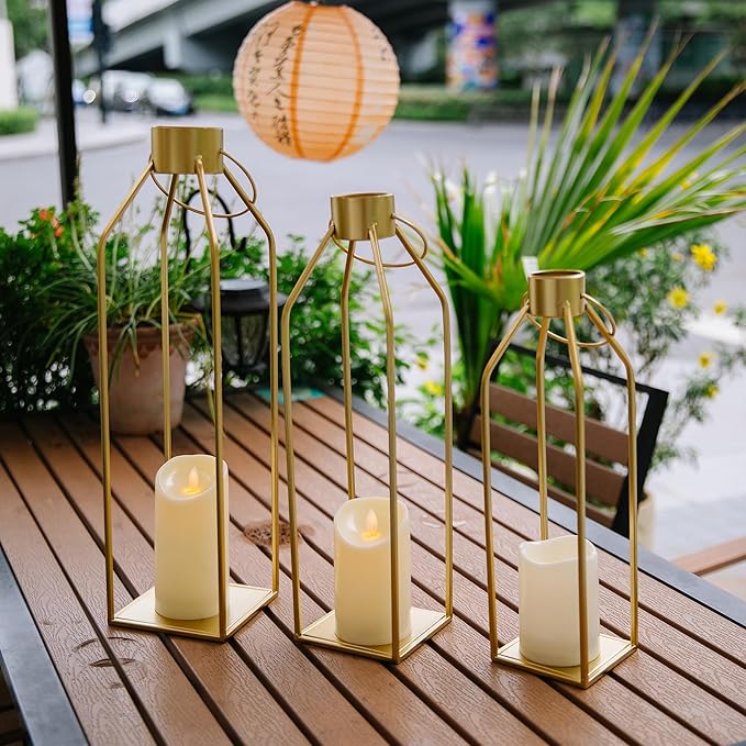 Set of 3 Modern Farmhouse Lanterns - Gold with Flickering Candles
