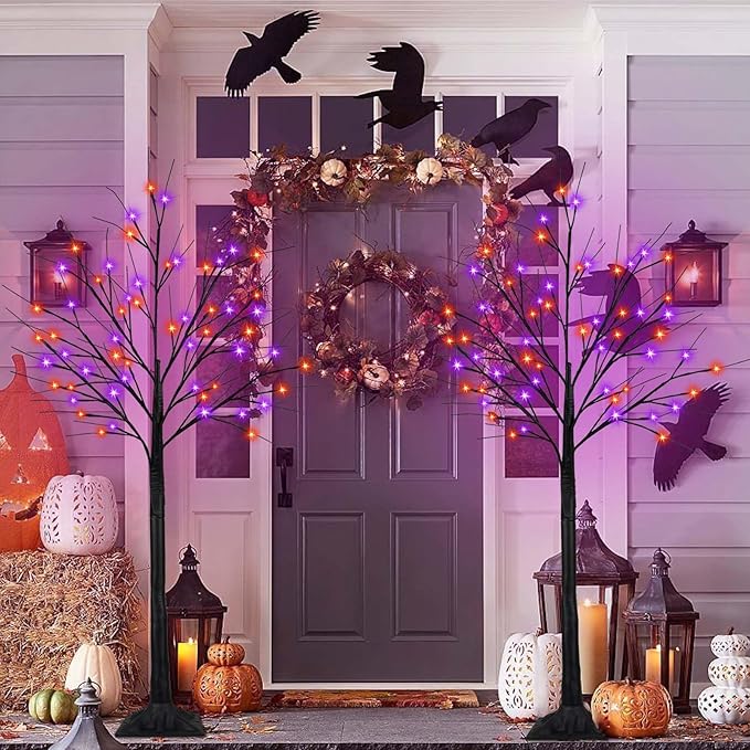 Set of 2 LED Black Trees with Purple and Orange Lights - 5 Ft