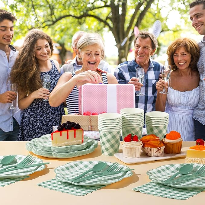 175 Pcs Sage Green Gingham Party Supplies - Serve 25 Guests