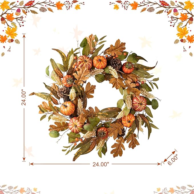 24 inch Fall Wreath with Orange Pumpkins, Natural Pinecones and Green/Brown Leaves
